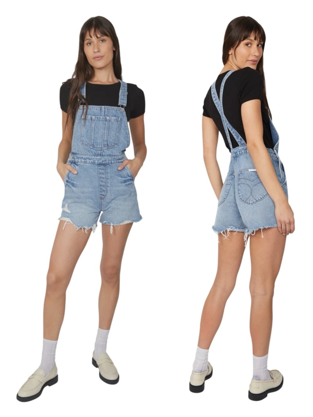 ROLLA'S Original Short High Rise Cut Off Distressed Overall in Sylvie Blue .Hang